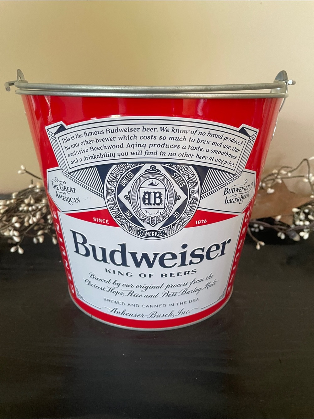 Budweiser Branded Metal Cooler Bucket with Handle & Built-In Bottle Opener-9”x8”